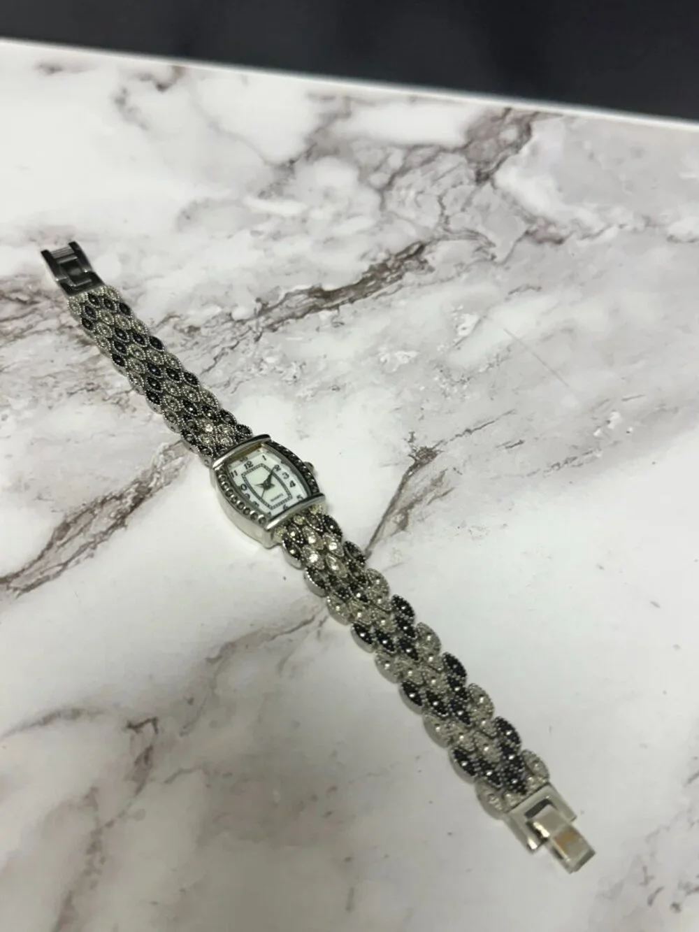 M. Z. Berger Marcasite Watch Silver Tone White Dial Ornate New Battery 7 inch